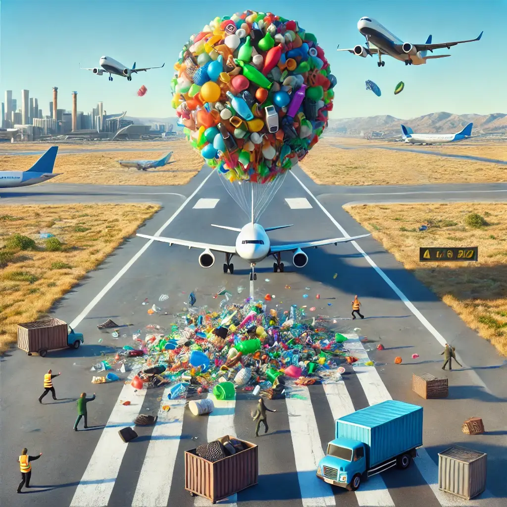 A large colorful balloon filled with trash, such as plastic bottles and old shoes, landing on an airport runway, disrupting air traffic.